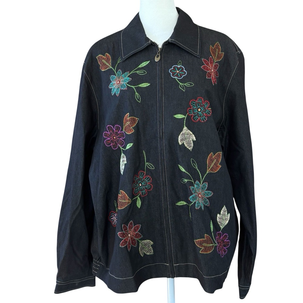 Vtg Alfred Dunner Black Denim Embroidered Beaded‎ Fall Floral Jacket Women's 16
